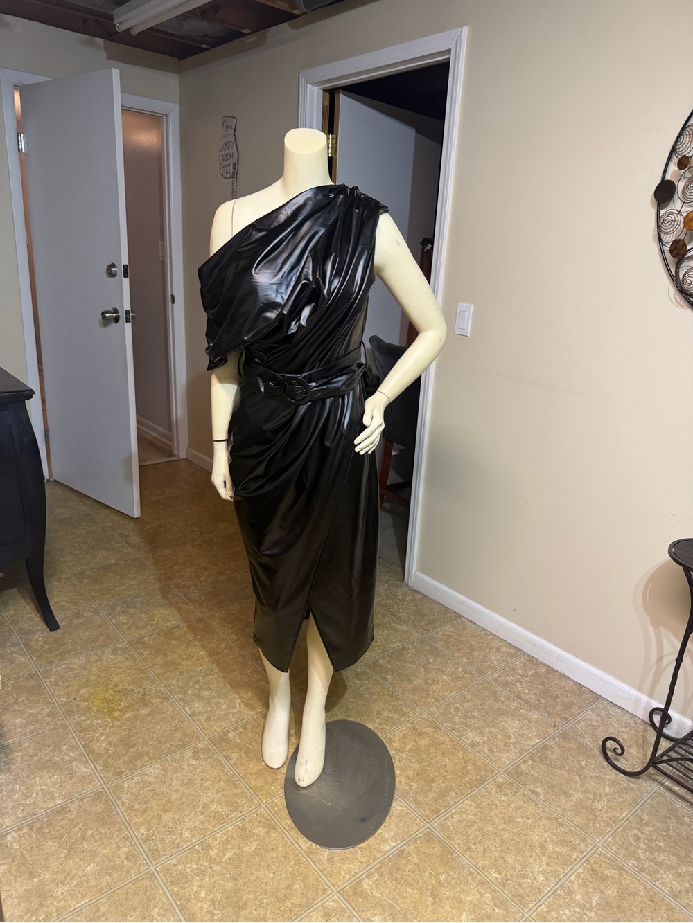 Fashion Nova Black One-Shoulder Faux Leather Midi Dress